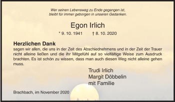 Traueranzeige von Egon Irlich von Siegener Zeitung