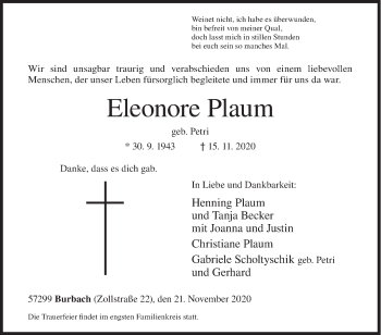 Traueranzeige von Eleonore Plaum von Siegener Zeitung