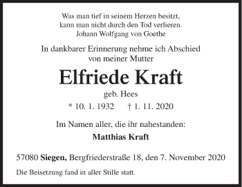 Traueranzeige von Elfriede Kraft von Siegener Zeitung