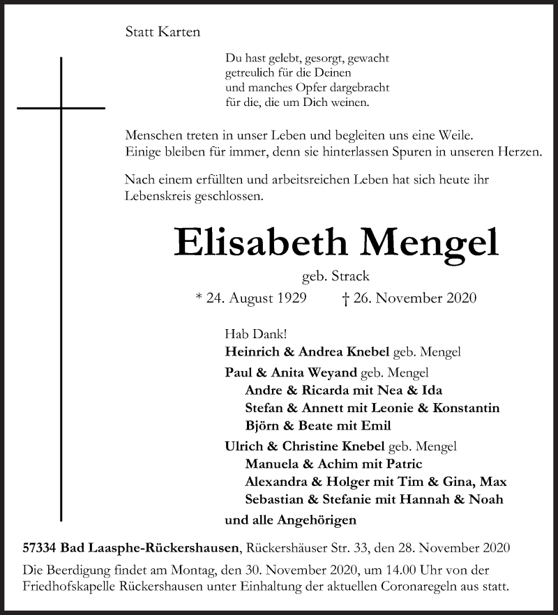  Traueranzeige für Elisabeth Mengel vom 28.11.2020 aus Siegener Zeitung