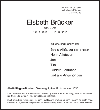 Traueranzeige von Elsbeth Brücker von Siegener Zeitung