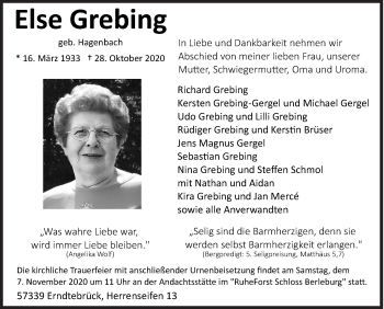 Traueranzeige von Else Grebing von Siegener Zeitung