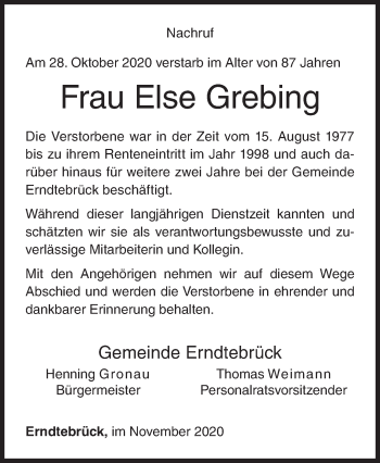 Traueranzeige von Else Grebing von Siegener Zeitung
