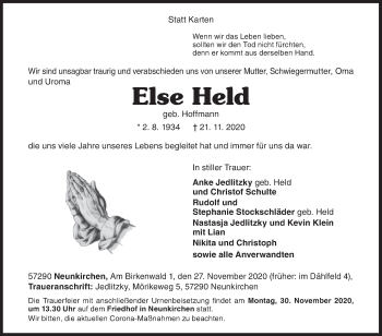 Traueranzeige von Else Held von Siegener Zeitung