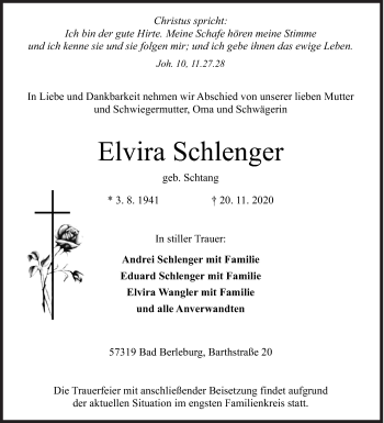 Traueranzeige von Elvira Schlenger von Siegener Zeitung