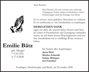 Traueranzeige von Emilie Bätz von Siegener Zeitung