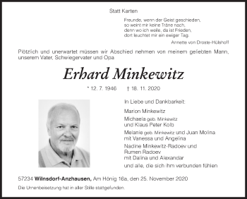 Traueranzeige von Erhard Minkewitz von Siegener Zeitung