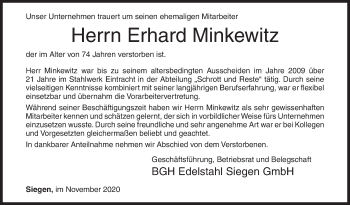 Traueranzeige von Erhard Minkewitz von Siegener Zeitung