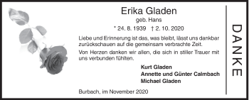 Traueranzeige von Erika Gladen von Siegener Zeitung