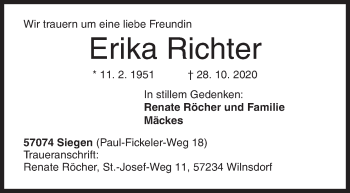 Traueranzeige von Erika Richter von Siegener Zeitung