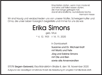 Traueranzeige von Erika Simons von Siegener Zeitung