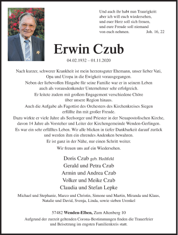 Traueranzeige von Erwin Czub von Siegener Zeitung