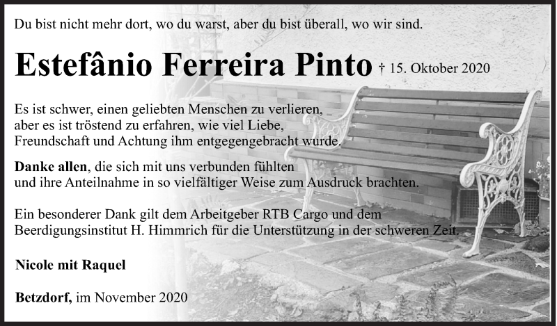  Traueranzeige für Estefânio Ferreira Pinto vom 14.11.2020 aus Siegener Zeitung