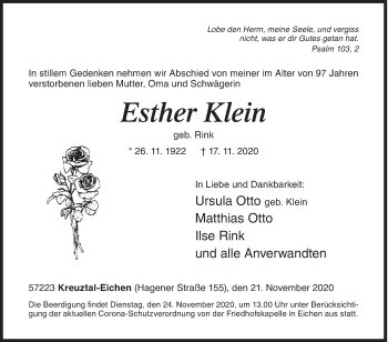 Traueranzeige von Esther Klein von Siegener Zeitung