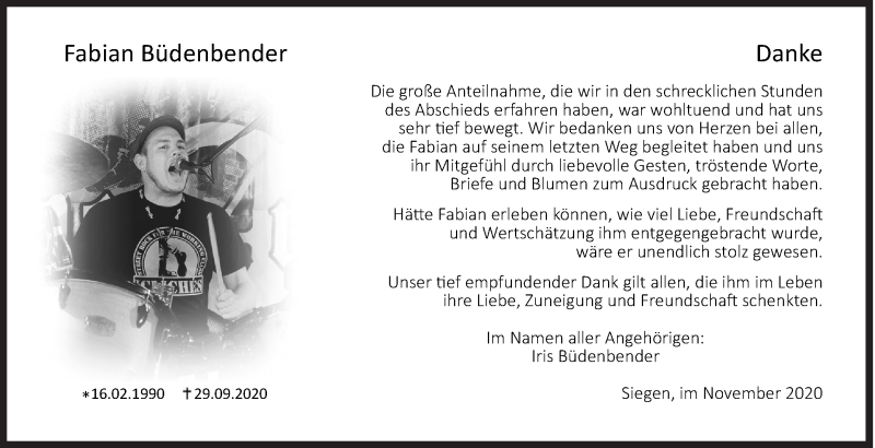  Traueranzeige für Fabian Büdenbender vom 07.11.2020 aus Siegener Zeitung