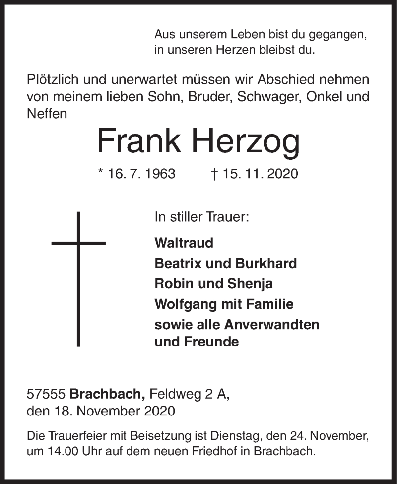  Traueranzeige für Frank Herzog vom 18.11.2020 aus Siegener Zeitung