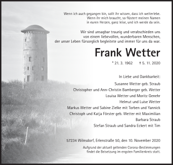 Traueranzeige von Frank Wetter von Siegener Zeitung