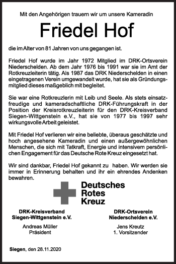 Traueranzeige von Friedel Hof von Siegener Zeitung