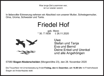 Traueranzeige von Friedel Hof von Siegener Zeitung