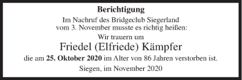 Traueranzeige von Friedel Kämpfer von Siegener Zeitung