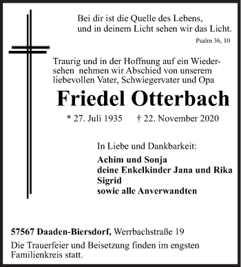 Traueranzeige von Friedel Otterbach von Siegener Zeitung