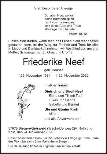 Traueranzeige von Friederike Neef von Siegener Zeitung