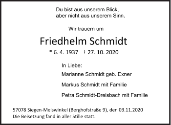 Traueranzeige von Friedhelm Schmidt von Siegener Zeitung