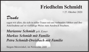 Traueranzeige von Friedhelm Schmidt von Siegener Zeitung