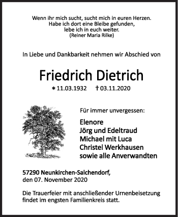 Traueranzeige von Friedrich Dietrich von Siegener Zeitung