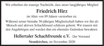 Traueranzeige von Friedrich Hirz von Siegener Zeitung