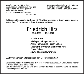 Traueranzeige von Friedrich Hirz von Siegener Zeitung
