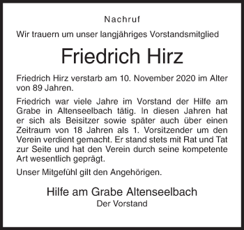 Traueranzeige von Friedrich Hirz von Siegener Zeitung