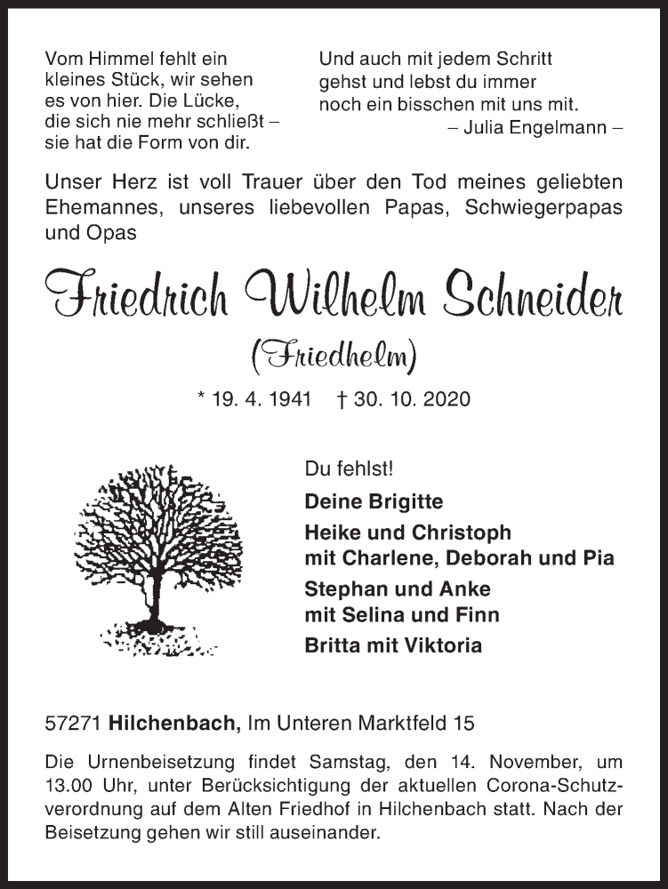  Traueranzeige für Friedrich Wilhelm Schneider vom 04.11.2020 aus Siegener Zeitung