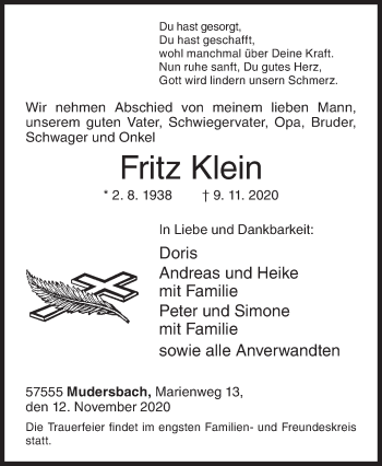 Traueranzeige von Fritz Klein von Siegener Zeitung