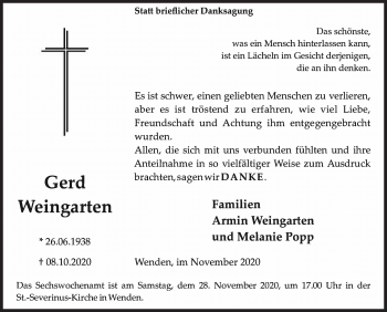 Traueranzeige von Gerd Weingarten von Siegener Zeitung
