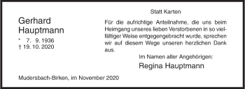 Traueranzeige von Gerhard Hauptmann von Siegener Zeitung