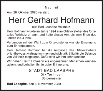 Traueranzeige von Gerhard Hofmann von Siegener Zeitung