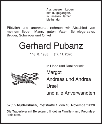 Traueranzeige von Gerhard Pubanz von Siegener Zeitung