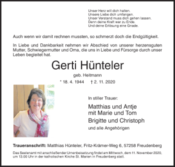 Traueranzeige von Gerti Hünteler von Siegener Zeitung