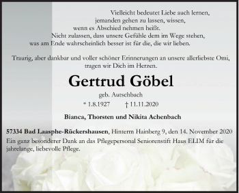 Traueranzeige von Gertrud Göbel von Siegener Zeitung