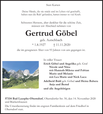 Traueranzeige von Gertrud Göbel von Siegener Zeitung
