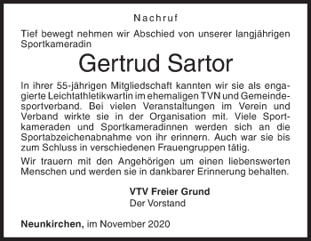 Traueranzeige von Gertrud Sartor von Siegener Zeitung