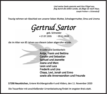 Traueranzeige von Gertrud Sartor von Siegener Zeitung