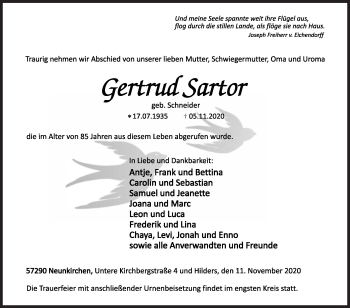 Traueranzeige von Gertrud Sartor von Siegener Zeitung
