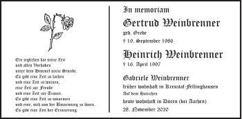 Traueranzeige von Gertrud und Heinrich Weinbrenner von Siegener Zeitung