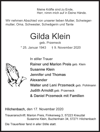 Traueranzeige von Gilda Klein von Siegener Zeitung