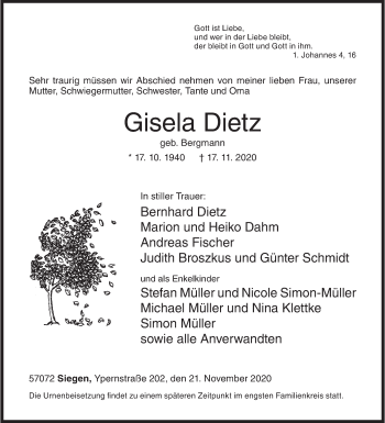 Traueranzeige von Gisela Dietz von Siegener Zeitung