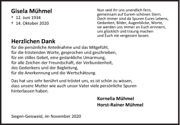 Traueranzeige von Gisela Mühmel von Siegener Zeitung