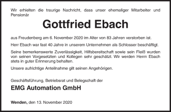 Traueranzeige von Gottfried Ebach von Siegener Zeitung