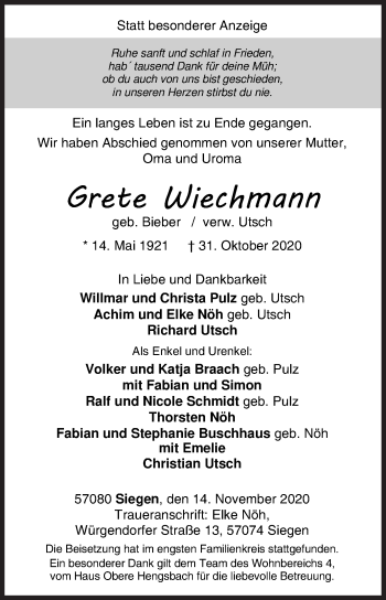 Traueranzeige von Grete Wiechman von Siegener Zeitung